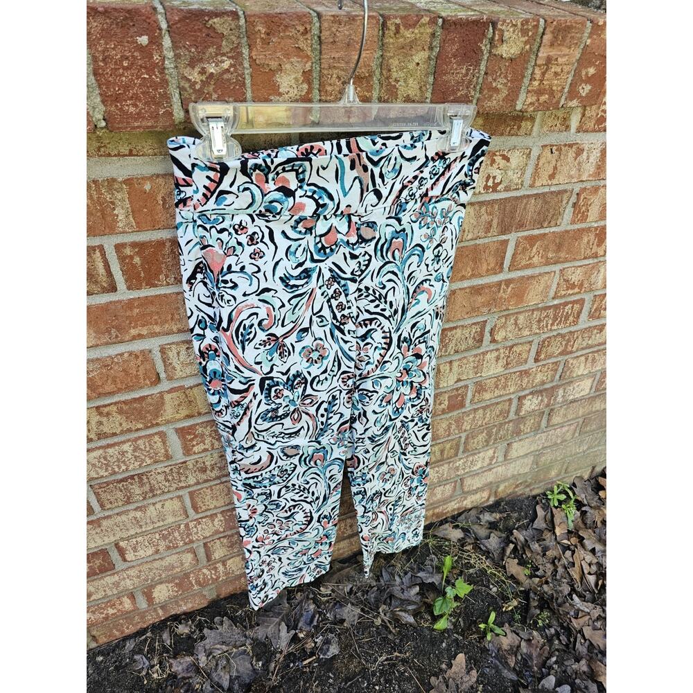 Paisley Print Capri Pants Stretch Pull On Crop Trousers Boho Office Sz 4 Career